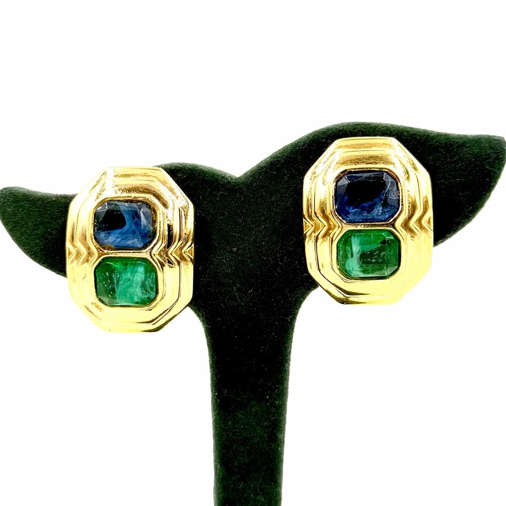 Vintage Joan Rivers Clip On Earrings Gold Tone Faux Gemstone Chunky 1980’s